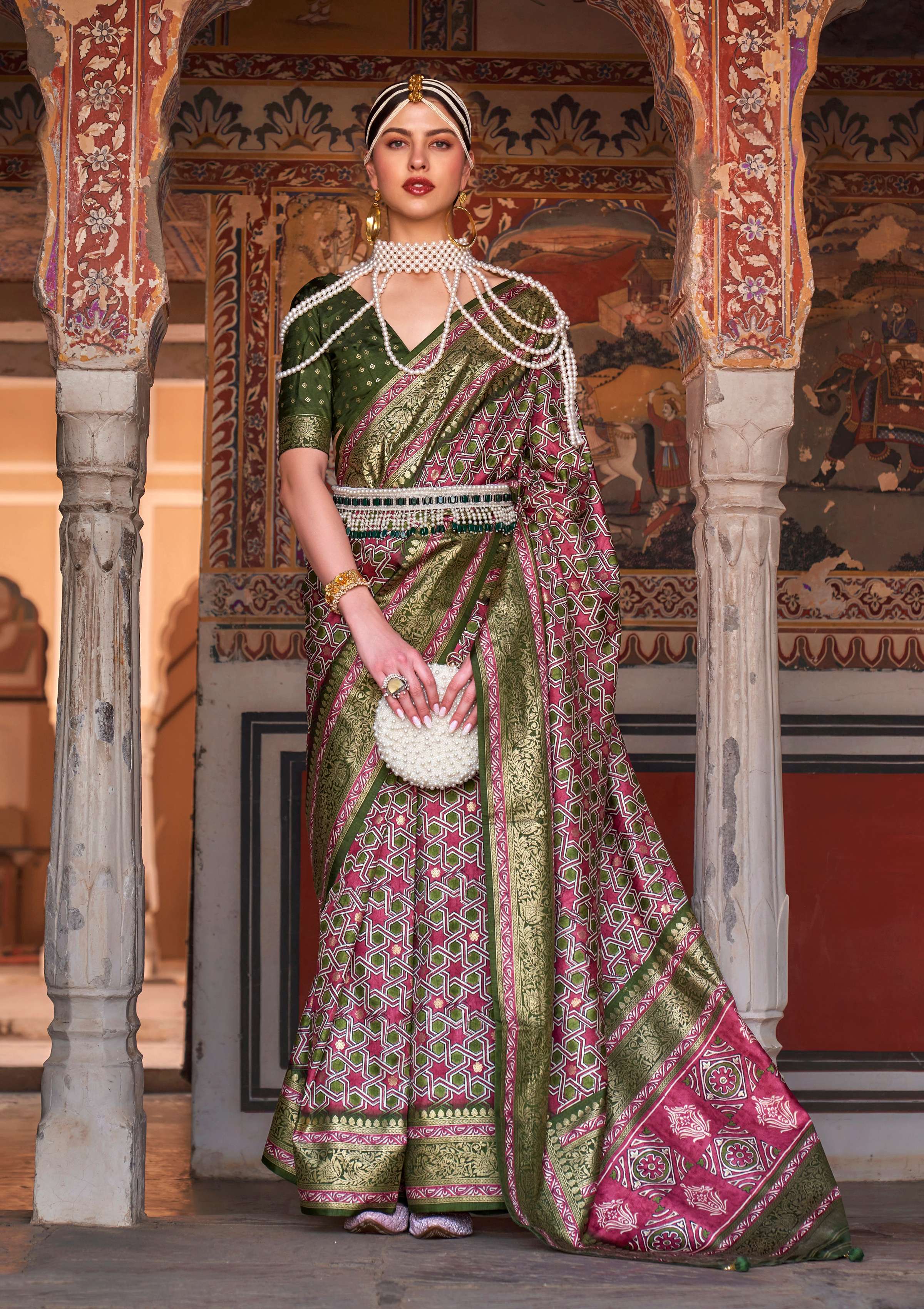 Monjolika Fashion Multicolor Silk Ajarak Design Traditional Saree