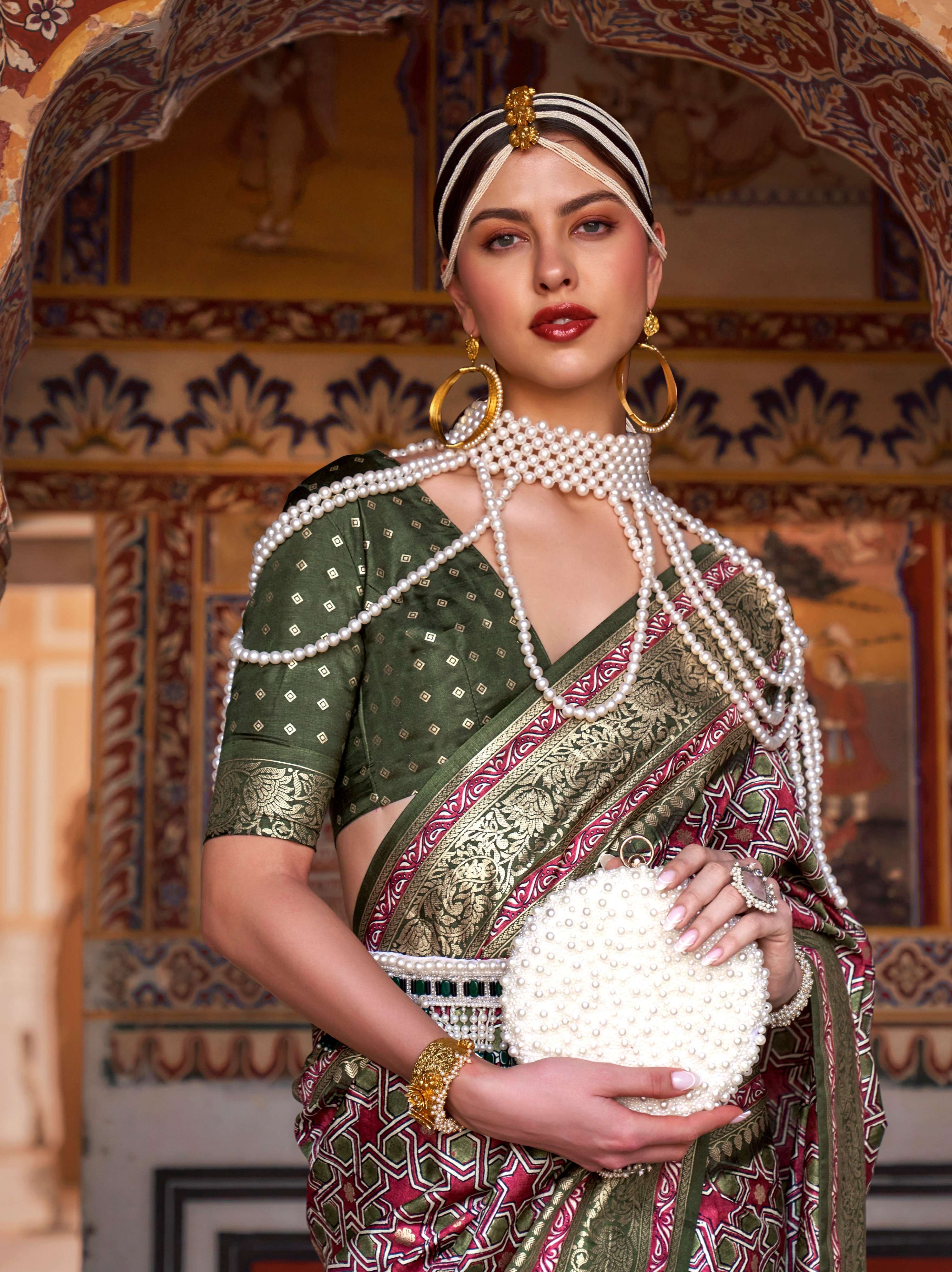 Monjolika Fashion Multicolor Silk Ajarak Design Traditional Saree