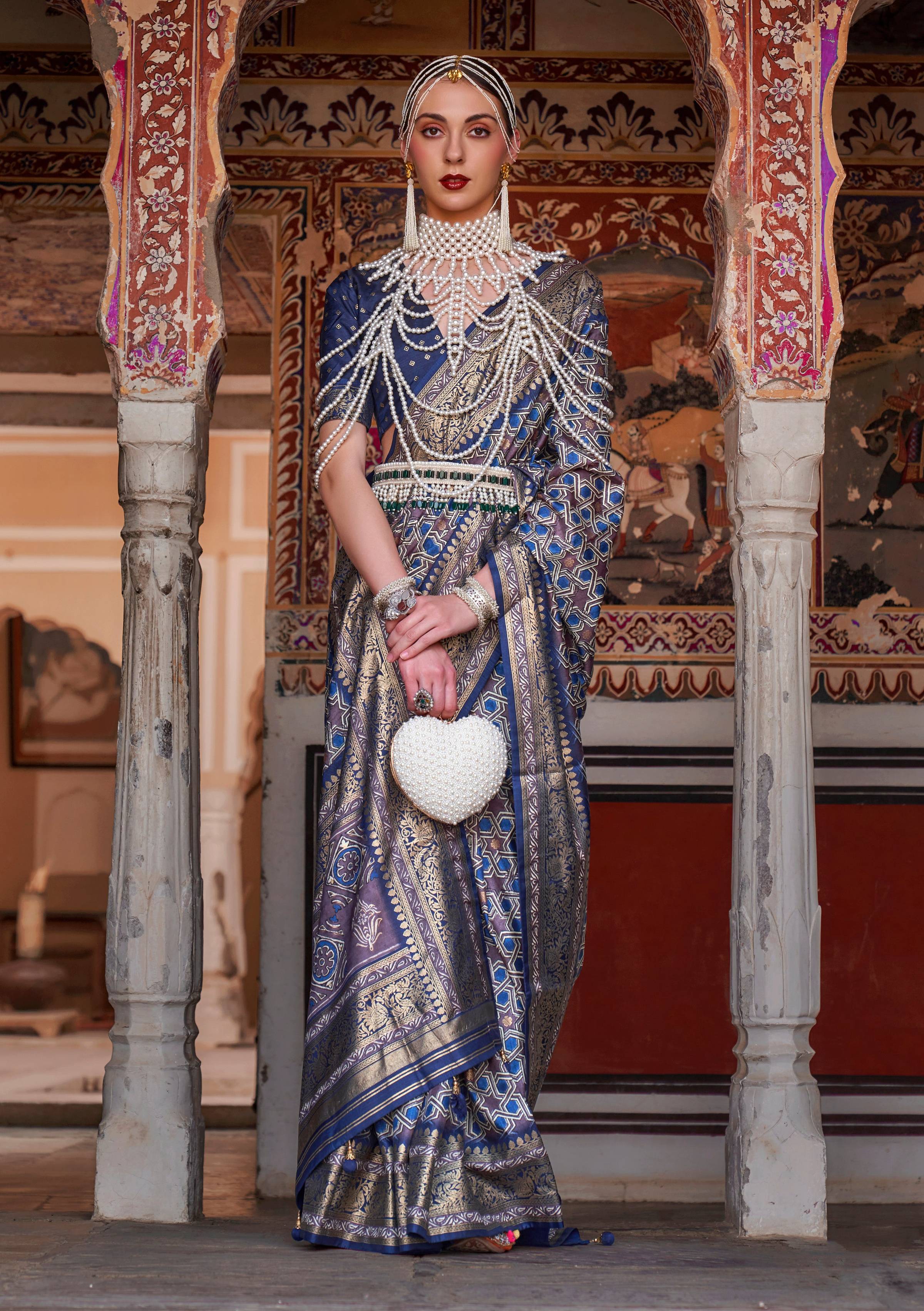 Monjolika Fashion Blue Color Silk Ajarak Design Traditional Saree