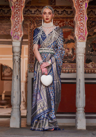 Monjolika Fashion Blue Color Silk Ajarak Design Traditional Saree