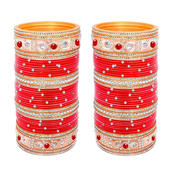 Tehzeeb Creations Bridal Bangle Set Wedding punjabi chuda, Designer chura, Red Acrylic Choora Set for Women