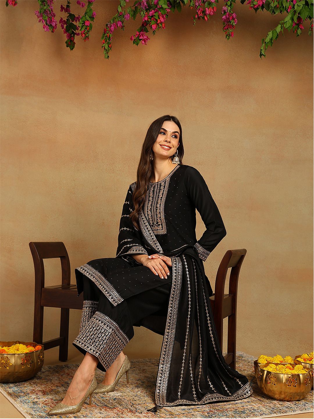 Kalini Ethnic Motifs Embroidered Regular Sequinned Kurta with Palazzos & Dupatta