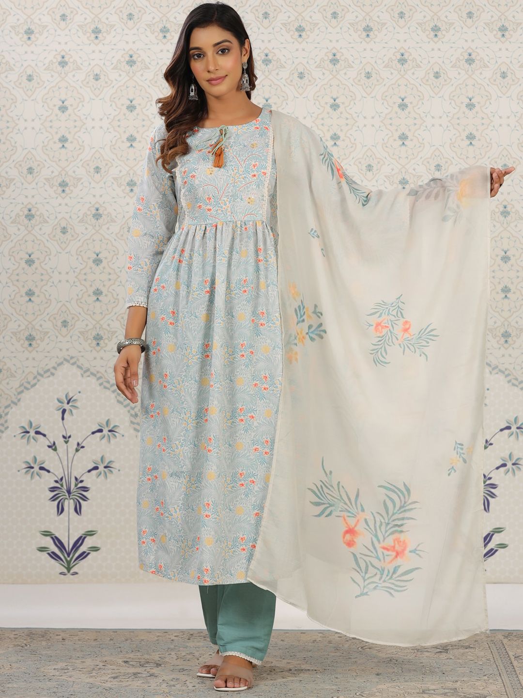 Ode by House of Pataudi Floral Printed Anarkali Kurta with Trousers & With Dupatta - Distacart