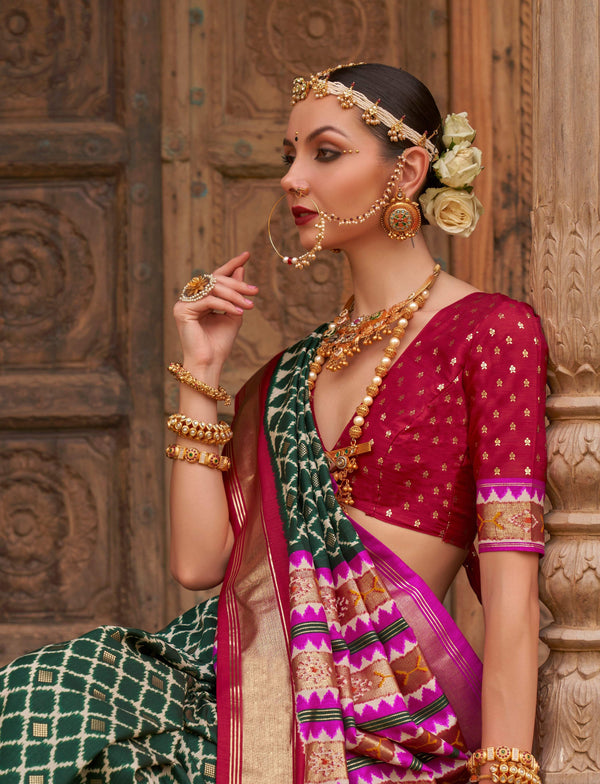 Monjolika Fashion Dark Green Color Patola Silk Weaving Work Saree With Blouse