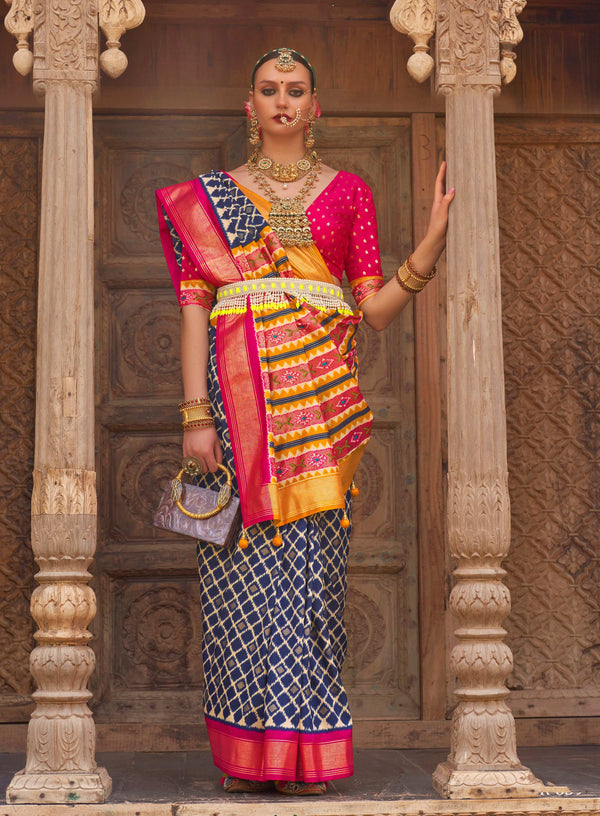 Monjolika Fashion Navy Blue Color Patola Silk Weaving Work Saree With Blouse