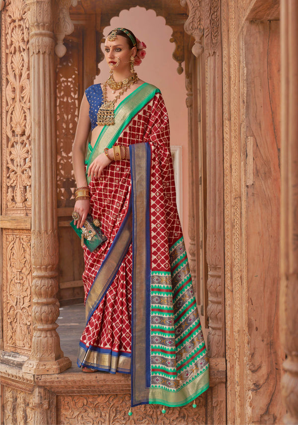 Monjolika Fashion Red Color Patola Silk Weaving Work Saree With Blouse