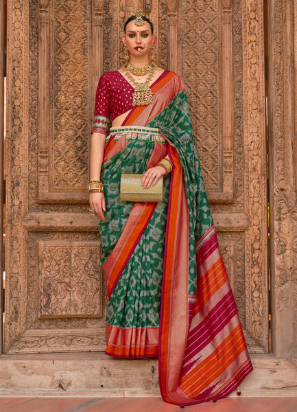 Monjolika Fashion Dark Green Color Patola Silk Weaving Work Saree With Blouse