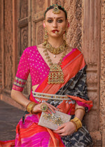 Thumbnail for Monjolika Fashion Dark Grey Color Patola Silk Weaving Work Saree With Blouse