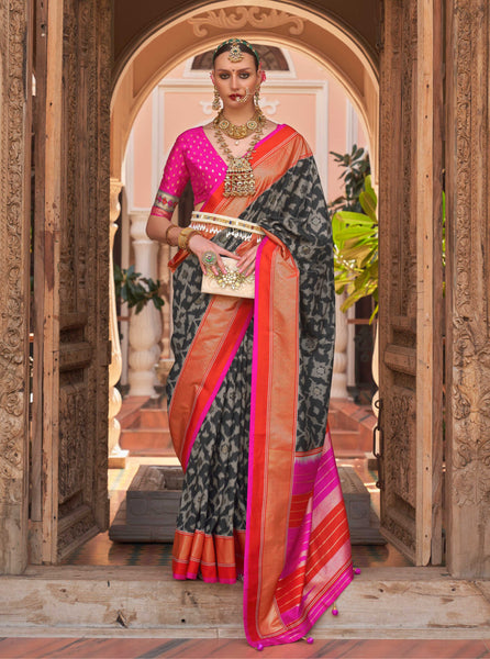 Monjolika Fashion Dark Grey Color Patola Silk Weaving Work Saree With Blouse