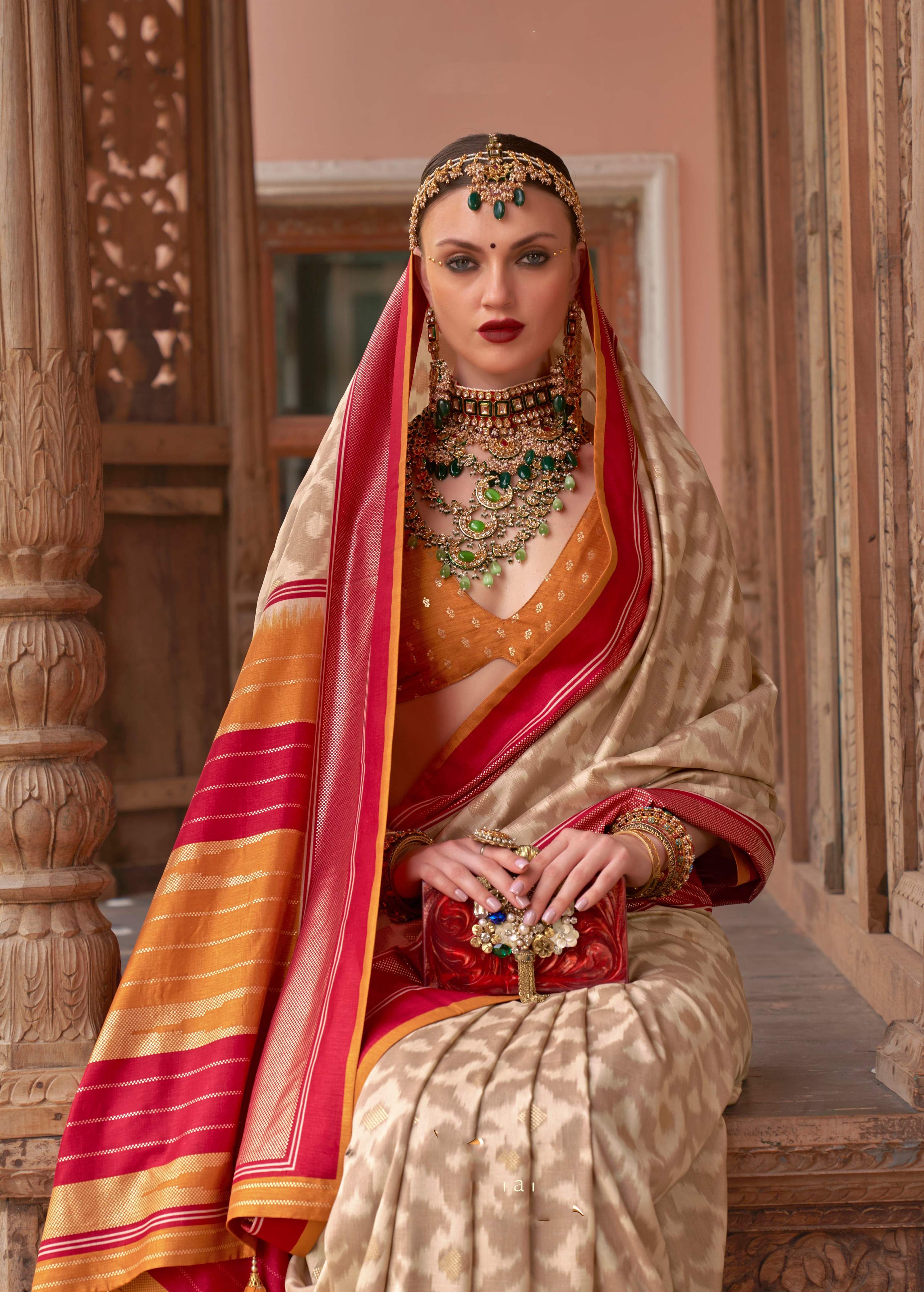 Monjolika Fashion Cream Color Patola Silk Weaving Work Saree With Blouse - Distacart