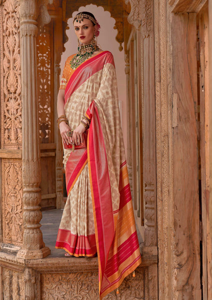 Monjolika Fashion Cream Color Patola Silk Weaving Work Saree With Blouse