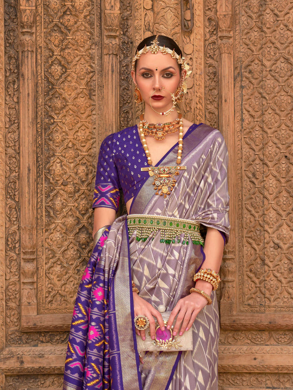 Monjolika Fashion Light Grey Color Patola Silk Weaving Work Saree With Blouse