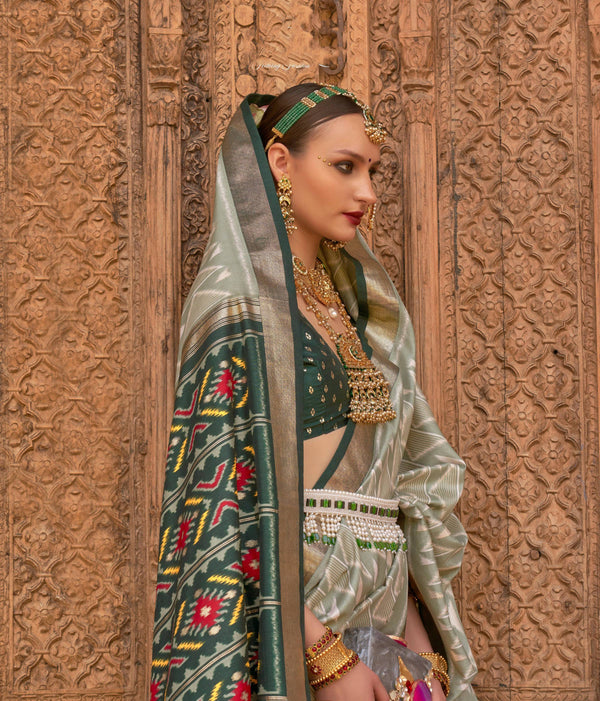 Monjolika Fashion Light Green Color Patola Silk Weaving Work Saree With Blouse