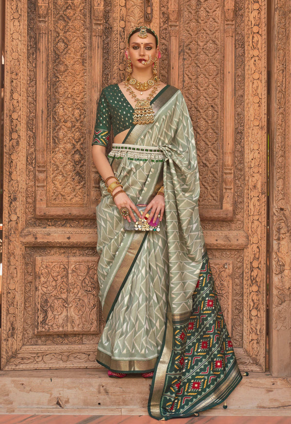 Monjolika Fashion Light Green Color Patola Silk Weaving Work Saree With Blouse