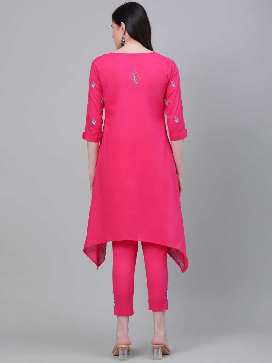 ADA Women Pink & Blue Chikankari Embroidered Cotton Handloom Kurta with Trousers - Distacart