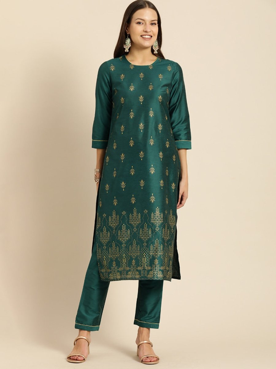 All About You Women Teal Green Ethnic Motifs Kurta with Trousers - Distacart