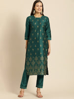 Thumbnail for All About You Women Teal Green Ethnic Motifs Kurta with Trousers - Distacart