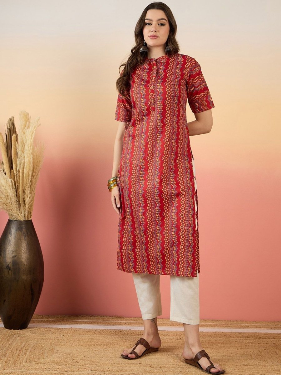 Anouk Red Chevron Printed Mandarin Collar Short Sleeves Cotton Kurta