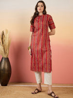 Thumbnail for Anouk Red Chevron Printed Mandarin Collar Short Sleeves Cotton Kurta