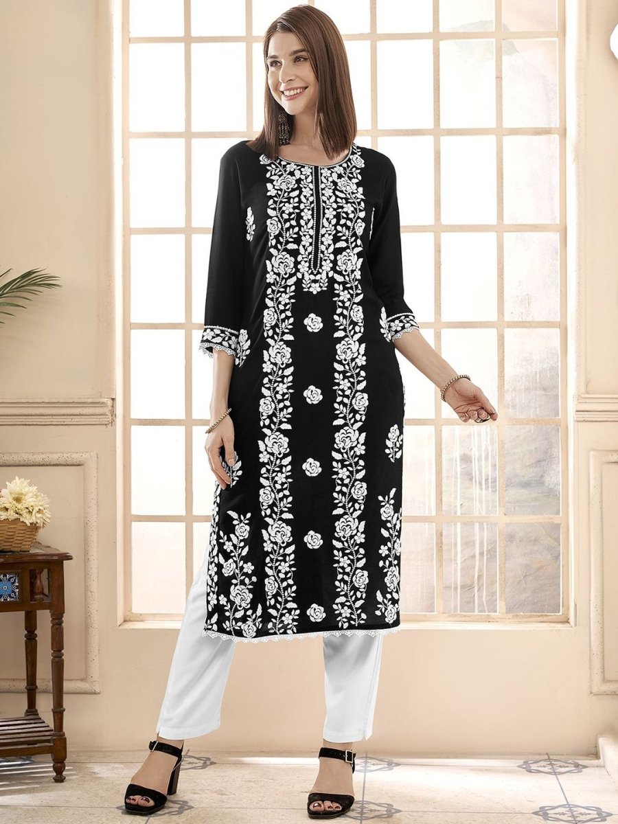 Anouk Floral Embroidered Round Neck Chikankari Straight Kurta