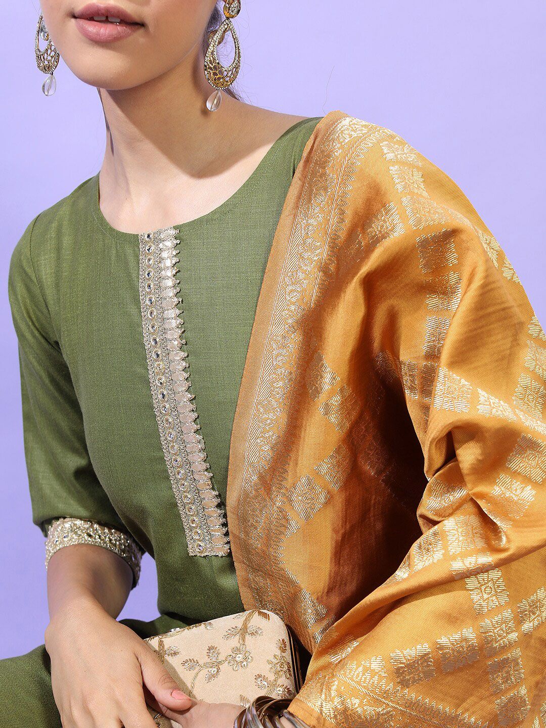 Vishudh Women Green Panelled Kurta with Trousers & With Dupatta