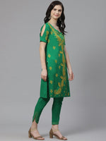 Thumbnail for ADA Women Green & Yellow Paisley Chikankari Embroidered Sustainable Handloom Kurta with Trousers - Distacart