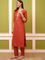 Thumbnail for Vishudh Rust Orange Round Neck Embellished Straight Kurta & Trouser With Dupatta