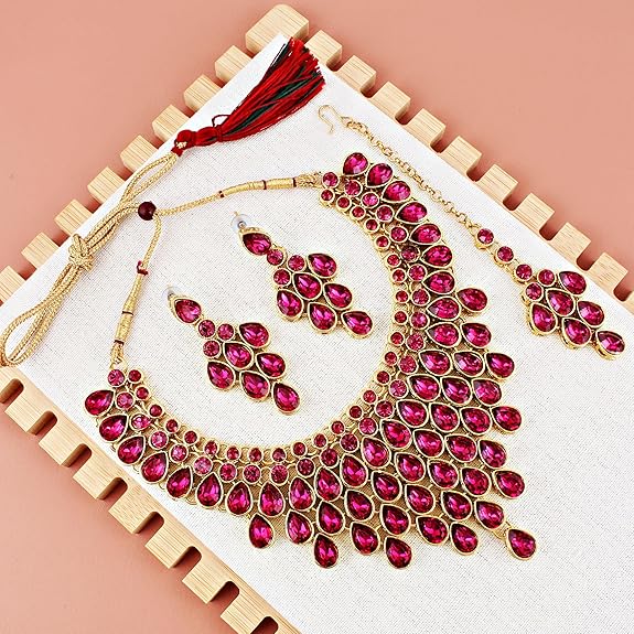Tehzeeb Creations Designer Gold-Polished Elegant Stone Necklace Set For Women & Girls - Distacart