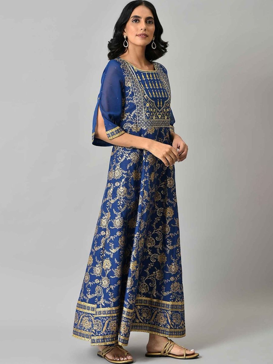 AURELIA Women Blue Floral Printed Ethnic Maxi Dress - Distacart