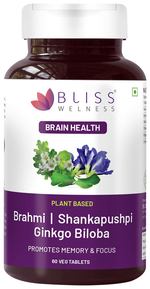 Thumbnail for bliss welness brain health brahmi shankapushpi ginkgo biloba veg tablet