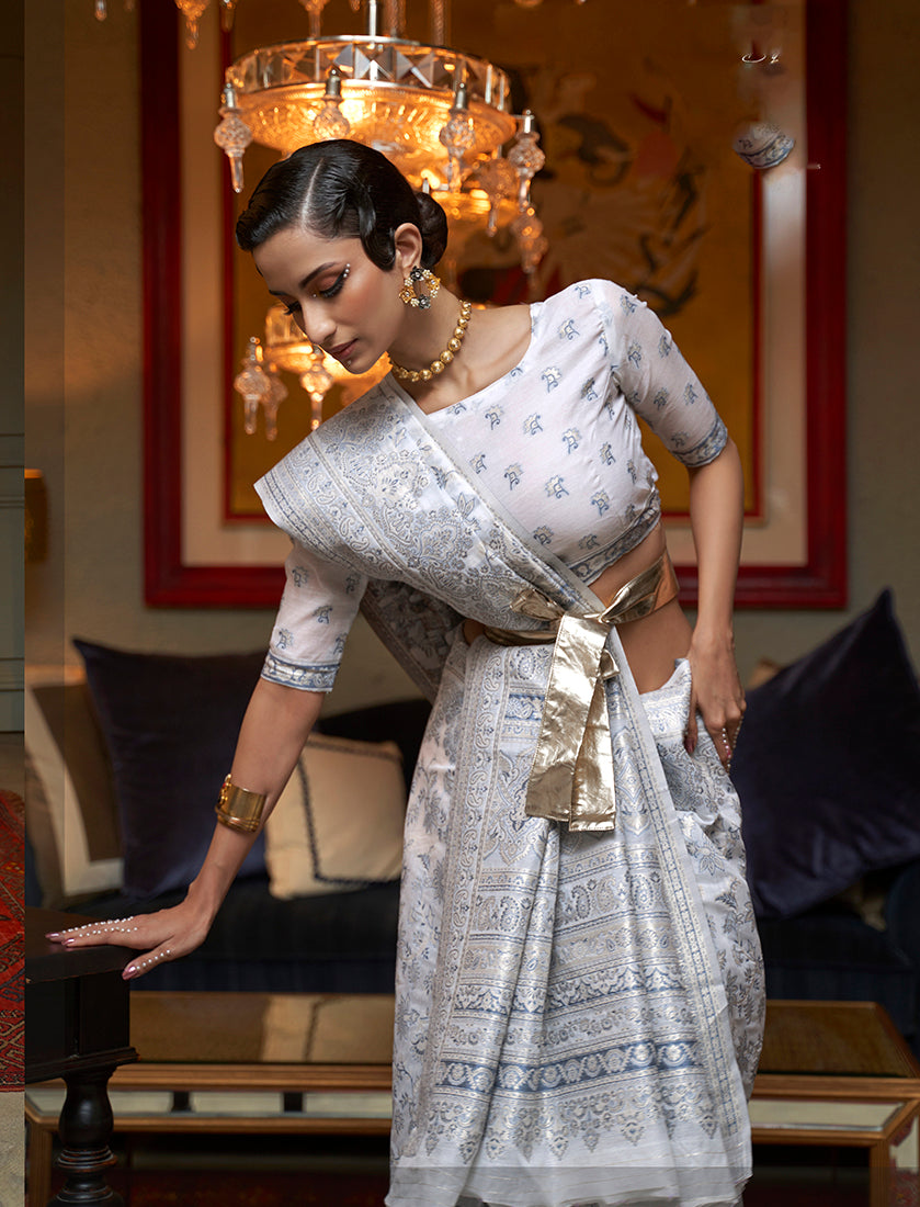 Monjolika Fashion Off White Color Silk Weaving Work Traditonal Saree - Distacart