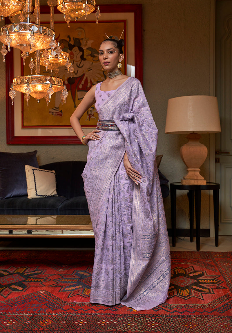 Monjolika Fashion Lavender Color Silk Weaving Work Traditonal Saree
