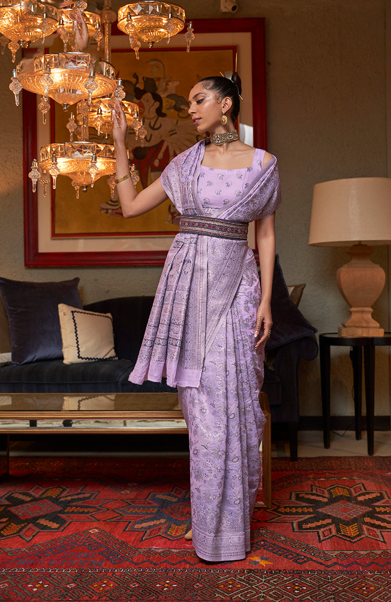 Monjolika Fashion Lavender Color Silk Weaving Work Traditonal Saree