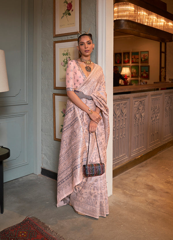 Monjolika Fashion Baby Pink Color Silk Weaving Work Traditonal Saree