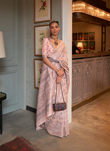 Monjolika Fashion Baby Pink Color Silk Weaving Work Traditonal Saree