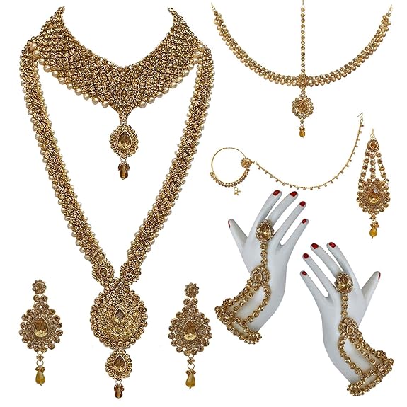 Tehzeeb Creations Bridal Dulhan Designer Gold-Polished Gold Color Pearl Stone Set 9 pcs. for Women & Girls - Distacart