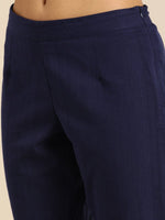 Thumbnail for All About You Women Navy Blue Floral Printed Angrakha Pure Cotton Kurta with Trousers - Distacart