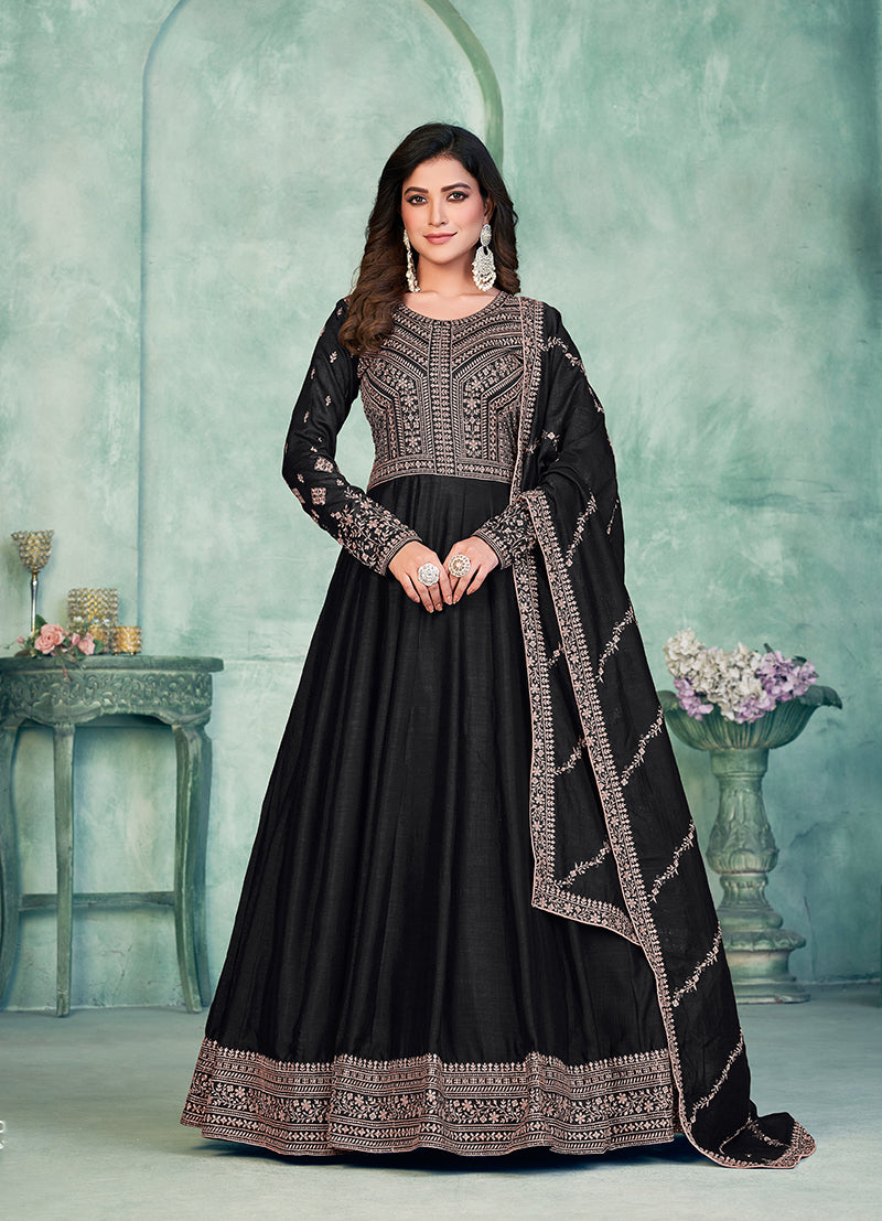 Monjolika Fashion Black Color Embroidered Art Silk Designer Anarkali Salwar Suit