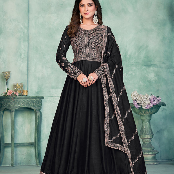 Monjolika Fashion Black Color Embroidered Art Silk Designer Anarkali Salwar Suit - Distacart
