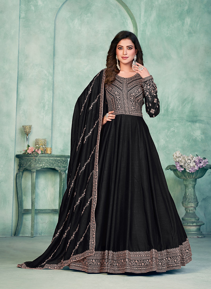 Monjolika Fashion Black Color Embroidered Art Silk Designer Anarkali Salwar Suit