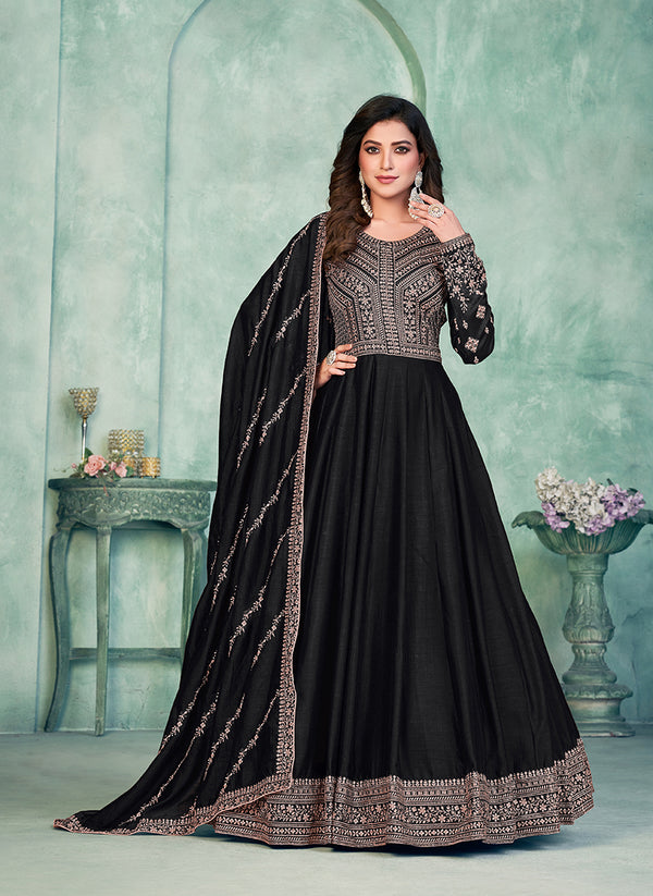Monjolika Fashion Black Color Embroidered Art Silk Designer Anarkali Salwar Suit