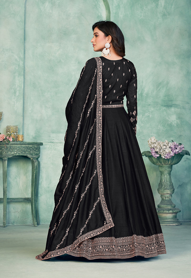 Monjolika Fashion Black Color Embroidered Art Silk Designer Anarkali Salwar Suit