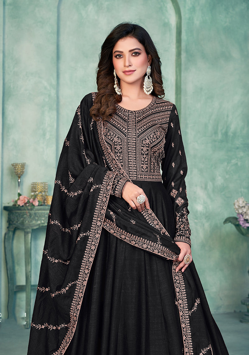 Monjolika Fashion Black Color Embroidered Art Silk Designer Anarkali Salwar Suit