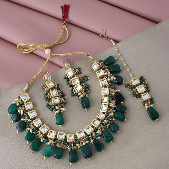 Tehzeeb Creations Back Meenakari Gold-Polished Square Shape Tika Earring Jewellery Set Uncut Kundan Big Faux Kundan Dibbi Kundan Choker Necklace Set - Distacart