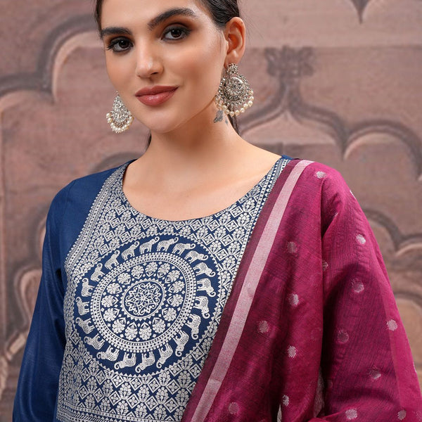Vishudh Teal Ethnic Motifs Yoke Design Straight Kurta with Palazzo & Dupatta - Distacart