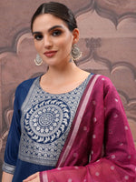 Thumbnail for Vishudh Teal Ethnic Motifs Yoke Design Straight Kurta with Palazzo & Dupatta