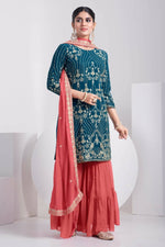 Thumbnail for Aastha Fashion Women's Teal Blue Faux Georgette Thread & Sequins Embroidery Party Wear Sharara Sets - Distacart