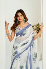 Thumbnail for Vastranavya Blue Digital Printed Linen Ready To Wear Designer Saree with Unstitched Blouse - Distacart