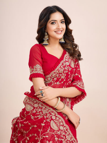 kasee Floral Embroidered Pure Georgette Ready to Wear Saree - Distacart