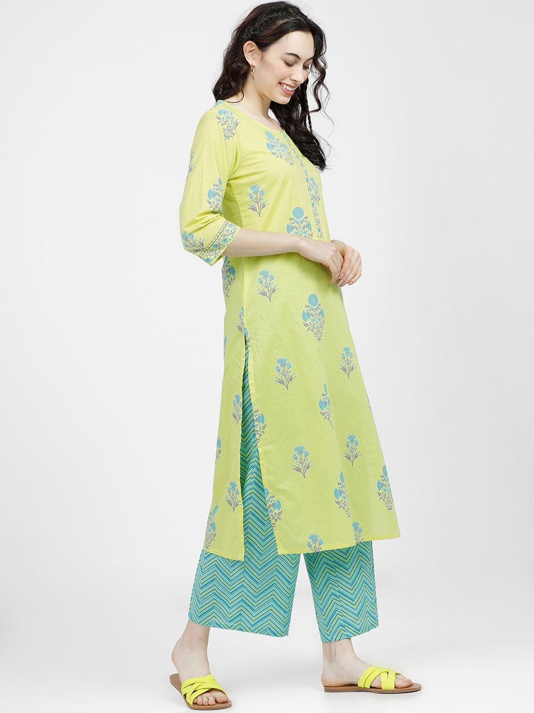 Vishudh Women Lime Green Ethnic Motifs Printed Regular Pure Cotton Kurta with Palazzos